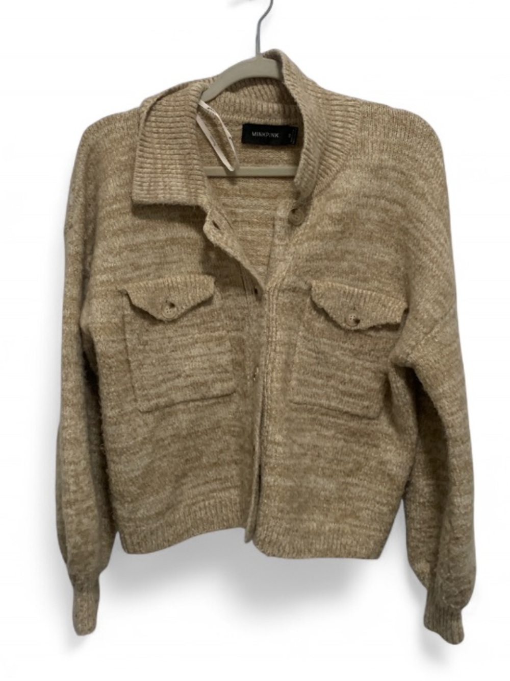 Minkpink Heathered Beige Oversized Cardigan Sweater with Collar